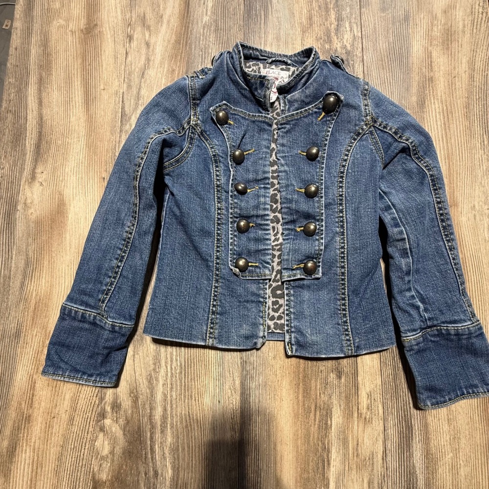Y2K The Children's Place Denim Band Jacket Blue Leopard Military Streetwear Kids